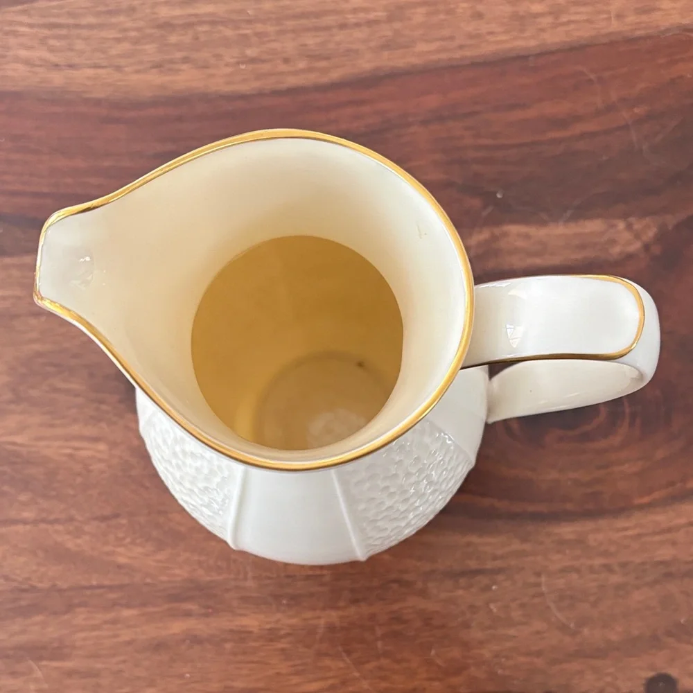 Vintage MCM Lenox Ivory Pitcher Made In USA with Gold Rim Dimpled‎ Panels